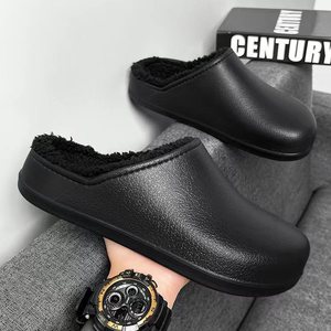 Chaussons d'hiver pour hommes, noirs, doublés de polaire, en EVA épaissi, imperméables, pour la maison - Product Image 1