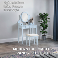 Ensemble coiffeuse et tabouret en bois de chêne moderne avec rangement et miroir éclairé réglable, bleu, pour chambre et salon