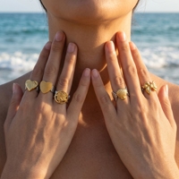 QIAOREN 13026-30 Set Cincin Tumpuk Terbuka yang Dapat Disesuaikan Berlapis Emas dan Perak untuk Wanita, Cincin Minimalis Geometris