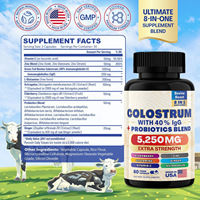 Complément de colostrum 8 en 1 : Capsules de colostrum bovin en poudre avec probiotiques, sureau, zinc, glutamine, gingembre, vitamine C pour la santé intestinale