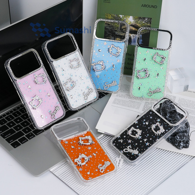 2026 Model Fashion Glitter Rhinestone Cartoon pink Kitten Cute Phone Cases for Girls for iphone 17 16 15 14 12 13 Pro Max Xr