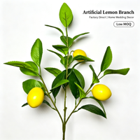 Élégante branche de citron jaune avec 3 fruits et feuilles vertes, plantes artificielles style ferme pour la décoration de la maison, de la cuisine, des mariages et des tables.