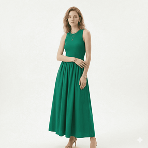 Robe longue maxi plissée unie à taille haute, sans manches, col rond, vert décontracté, pour femme, personnalisable OEM, idéale pour l'été - Product Image 6
