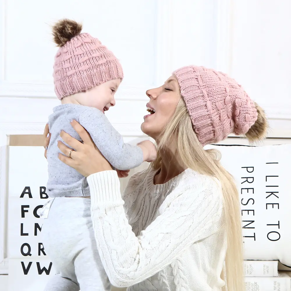 Fashion Orang Tua dan Anak Rajut Musim Dingin Wanita Akrilik Beanie Set Ibu dan Bayi Sorban Rambut Aksesoris Musim Dingin Crochet Topi Rajutan Topi