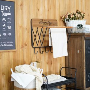 Bois métal accordéon rétractable mural décor étagères étagère à linge flottant étendoir pour accrocher des serviettes vêtements - Product Image 2