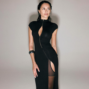 Robe courte à col mandarin à découpes sexy et à fente haute pour femmes, robe de soirée élégante de style designer, robe longue - Product Image 2