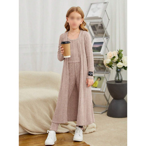 Girls Casual Outfits Set Solid Cami <b>Top</b> Open Front Coat Knitted Leggings 3Pcs for 8-12Years New Model Pants - Product Image 2
