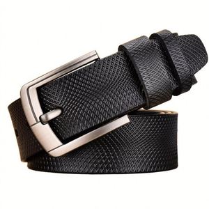 ホットセール メンズ グリッドエンボス加工 本革ベルト 金属合金ピンバックル レザーウエストベルト - Product Image 1