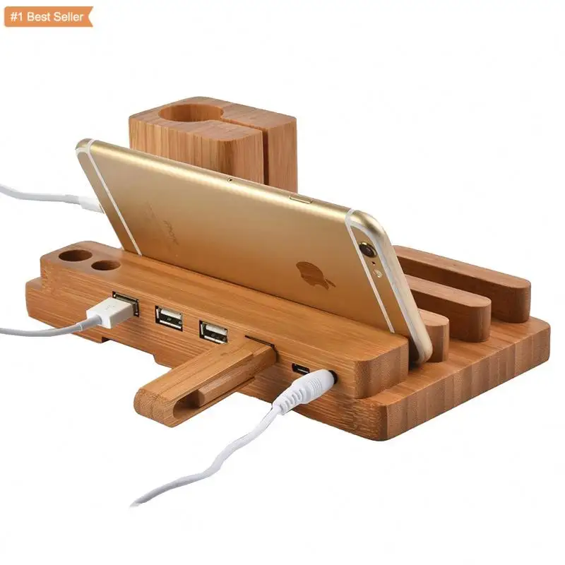 Jumon Handy Schreibtisch halter für Smartphone Alle Tablet PC Handy 4 USB-Anschlüsse Dock Bambus Holz Ladest änder