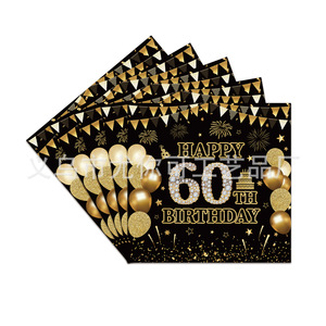Décorations de fête d'anniversaire 60 ans Or Noir Assiettes en papier Nappes Jetables Accessoires de décoration de lieu - Product Image 1
