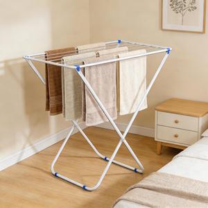 Séchoir à <span class=keywords><strong>linge</strong></span> portable pliable en métal antirouille à un seul niveau avec crochets réglables pour sacs et vêtements - Conception verticale durable - Product Image 2