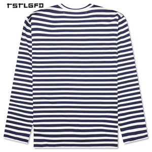 T-shirt classique à manches longues à rayures nautiques en coton premium, col rond style Breton, sous-vêtement décontracté unisexe, haut minimaliste - Product Image 3