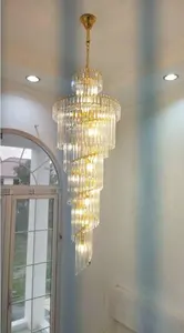 Luxe moderne hôtel hall décoration rotative longue suspension lumière classique salon escaliers doré suspendus lustres en cristal