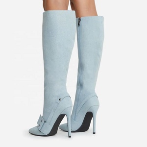 Light Denim Blue Women Buckles Knee High Boots Stiletto Thin Heels <b>Shoes</b> Side Zipper Point Toe Long Booties - Product Image 4