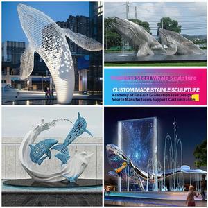 Sculpture de poisson volant géométrique de dessin animé abstrait moderne écologique sculpté en acier inoxydable baleine bloc visage ornement de sol - Product Image 3