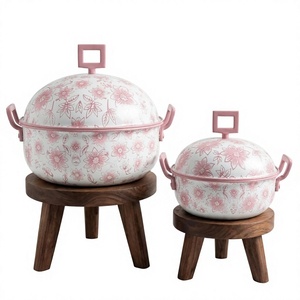 Luxury <b>Pink</b> White Floral Enamel Hot Pot Insulated Casserole Set Food Warmer Serving Dish With <b>Pink</b> Handle Lid For Home - Product Image 1