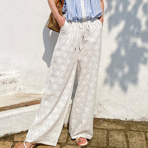 Nueva Colección Primavera/Verano, <span class=keywords><strong>Pantalones</strong></span> Anchos de Algodón Bordado de Inspiración Sureña Francesa para Mujer, Blancos, Largos, Elásticos - Product Image 2
