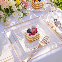 Ensemble de vaisselle carré transparent rose doré de 350 pièces comprenant des assiettes, des tasses, des couverts et des serviettes pour les fêtes d'automne, les mariages et les douches nuptiales
