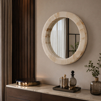 Miroir mural rond décoratif avec cadre en pierre d'onyx naturelle et éclairage LED pour salon