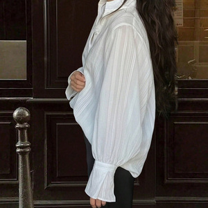<b>Women's</b> Loose Stand Collar Flutter <b>Sleeve</b> Printed Polyester Button Shirt Woven <b>Long</b> <b>Blouse</b> Asymmetric Front for Daily Office - Product Image 2