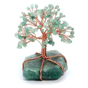 天然水晶滚石生活树装饰品，灵气疗愈金钱树风水宝石装饰 (绿色天金)