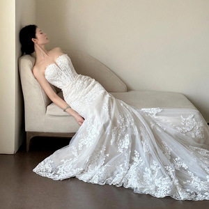 French Mermaid Strapless Wedding Dress With Train Lace Vintage Style For Petite Brides Summer 2026 - Product Image 3