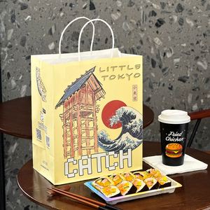 Custom Logo Printed Eco-Friendly Recyclable Kraft Paper <b>Bag</b> Handles for Takeaway Food Packaging Ramen Sushi - Product Image 1