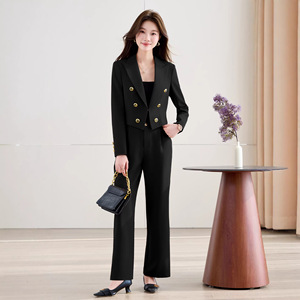 Women's Double Breasted Suit Set Black Full Sleeve Anti Wrinkle Office Lady Style Daily Wear - Product Image 1