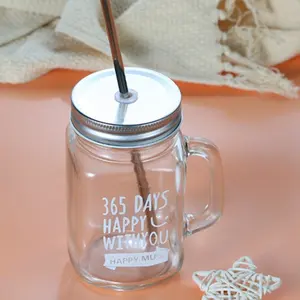 Bán Hot Glass Tumbler 450Ml Mason Jar Chai Thủy Tinh Có Tay Cầm Và Rơm Không Gỉ Cho Juice Brew Cà Phê Nước Uống