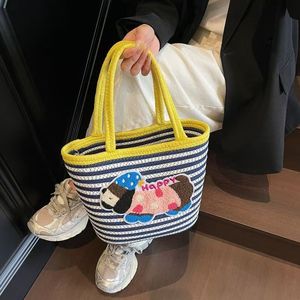 Striped Tote Bag Blue White Dachshund Cartoon Design Soft Handle Everyday Use - Product Image 4