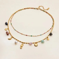 Collier superposé bohème chic avec pierres et perles, en acier inoxydable plaqué or 18 carats, bijou tendance pour les vacances