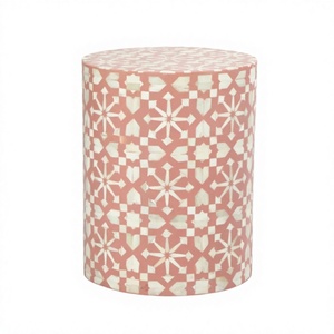 Pink <b>White</b> Geometric Inlay Round Side <b>Table</b> Handcrafted Star Mosaic Pattern Drum <b>End</b> <b>Table</b> Luxury Accent <b>Table</b> Designer <b>Table</b> - Product Image 1