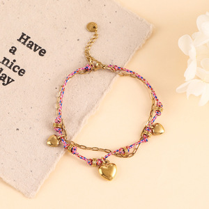 Pulseras Vintage de Acero Inoxidable, Pulsera Tejida de Doble Capa con Corazón de Durazno para Mujer, Hecha a Mano con Cuerda de Algodón Colorida de Estilo Bohemio - Product Image 3