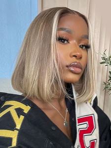 Perruque Bob Lace Frontale 13x4 en Cheveux Humains, Lisse, Brun <span class=keywords><strong>Champignon</strong></span> Clair avec Mèches Blondes, Densité 180%, Sans Colle - Product Image 1