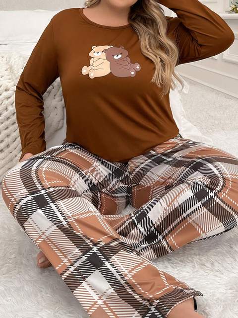 Plus Size 2-Piece Lounge Wear for Women Printed T-Shirt Pants With Elastic Waist Closure Casual Knitted Pajama Set