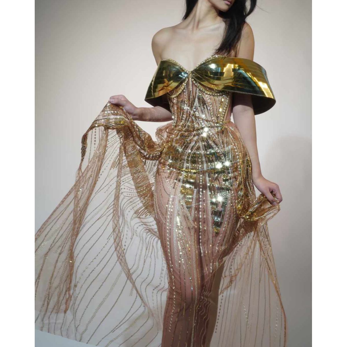 Concert Performance Costume Off the Shoulder Gold Sequin Sparkly Mesh Sexy  Dress Performance Wear Party Club Dresses| Alibaba.com