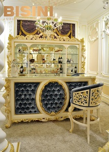 European Rococo Wooden Hand Carved <strong>Bar</strong> Cabinet With <strong>Grey</strong> Velvet Upholstery and Luxurious <strong>Bar</strong> <strong>Stool</strong> and Display Wine Cabinet - Product Image 2