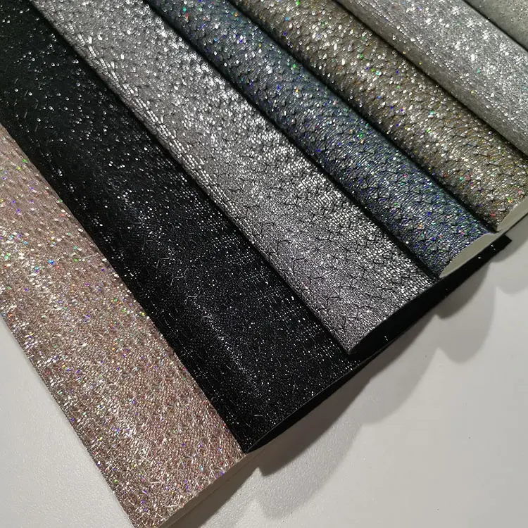 Decoración brillante imitación de onda impresa brillante vinilo malla glitter tela de cuero para bolsas de zapatos