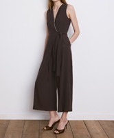 Combinaison sans manches marron pour femme, col en V, taille nouée, jambes larges, style culotte, idéale pour le bureau