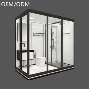 台面预制浴室吊舱模块化多功能一体浴缸淋浴单元，带黑色金属淋浴门