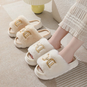 Nuevas pantuflas cálidas de lino con hebilla decorativa de piel de conejo para mujer, zapatos antideslizantes y a prueba de olores para el hogar de felpa para todas las estaciones Ins - Product Image 6