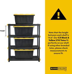 Black and yellow 4-tier heavy-duty <b>plastic</b> storage rack, suitable for garages and basements, with a modular design - Product Image 2