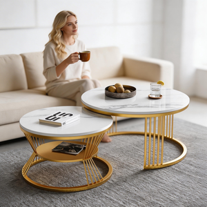 Set di Tavolini Moderni Rotondi con Piano in Marmo Nero e Struttura in Metallo Dorato, Arredamento di Lusso per Soggiorno - Product Image 1