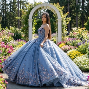 Robes de Quinceañera bleu poussière Dy6944, robe de bal sans bretelles richement perlée, robe de bal scintillante à fleurs 3D, Jancember - Product Image 1