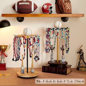 Wooden Rotating Baseball <b>Ring</b> Display Stand Double Layer Desktop Jewelry <b>Necklace</b> Rack Solid Wood Craft - Product Image 3