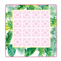 Mahjong Akrilik Glossy Berbingkai Merah Muda dengan Alas Putih, Ubin Permainan Bergambar Flamingo Tropis, Pohon Palem, dan Naga yang Dilukis Tangan
