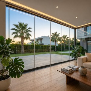 Porte coulissante <span class=keywords><strong>en</strong></span> <span class=keywords><strong>verre</strong></span> sans cadre pour balcon et pergola, fabrication directe d'usine, avec revêtement <span class=keywords><strong>en</strong></span> poudre durable, respectueux de l'environnement, garantie de 3 ans - Product Image 1