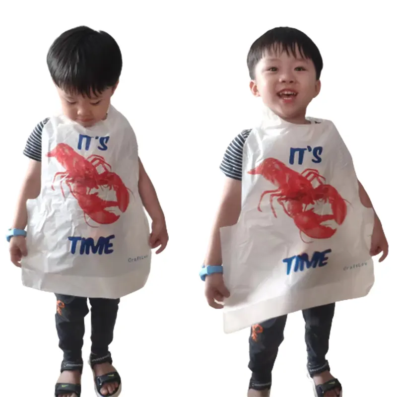 Logo kustom grosir Lobster makanan laut tahan air celemek dewasa Bib kepiting plastik sekali pakai Bib kepiting kustom dengan Logo
