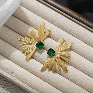 Minimalist Plated 18K Real <b>Gold</b> 304 Stainless Steel Long Water <b>Drop</b> Twist C Shaped Green Zircon Fan Shaped <b>Earrings</b> For Women - Product Image 4