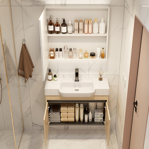 Mobile <span class=keywords><strong>bagno</strong></span> a parete in alluminio a nido d'ape con finitura in fibra di carbonio rovere chiaro, maniglia a incasso, specchio LED intelligente e <span class=keywords><strong>mensola</strong></span> aperta - Product Image 2